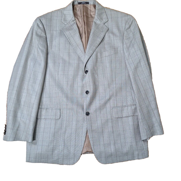 Abboud Beige Neutral Plaid 3 Button Wool Slik Plaid Sport Jacket Blazer Men 44R - Picture 11 of 13